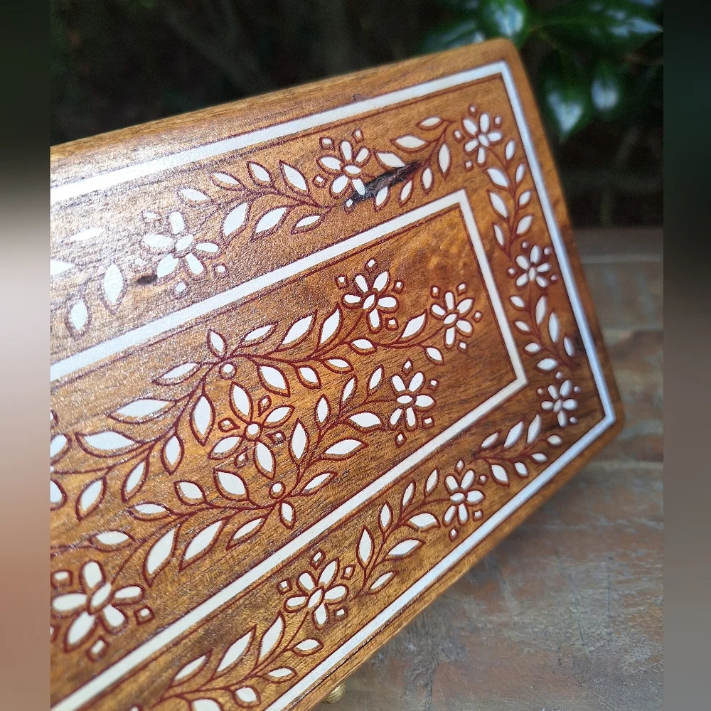 Wooden Box with Hinged Lid Jewelry  Trinket Box Rectangle Table Top Gold Handle